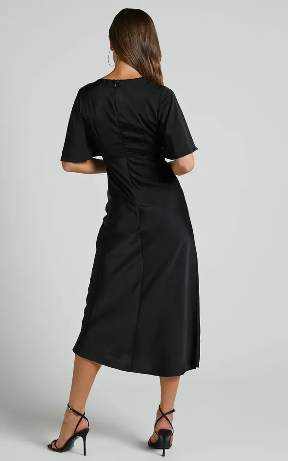 Showpo Nicholla Midi Dress 8211 Ruched Front Angel Sleeve Slip Dress In Black Women Curve Clothes