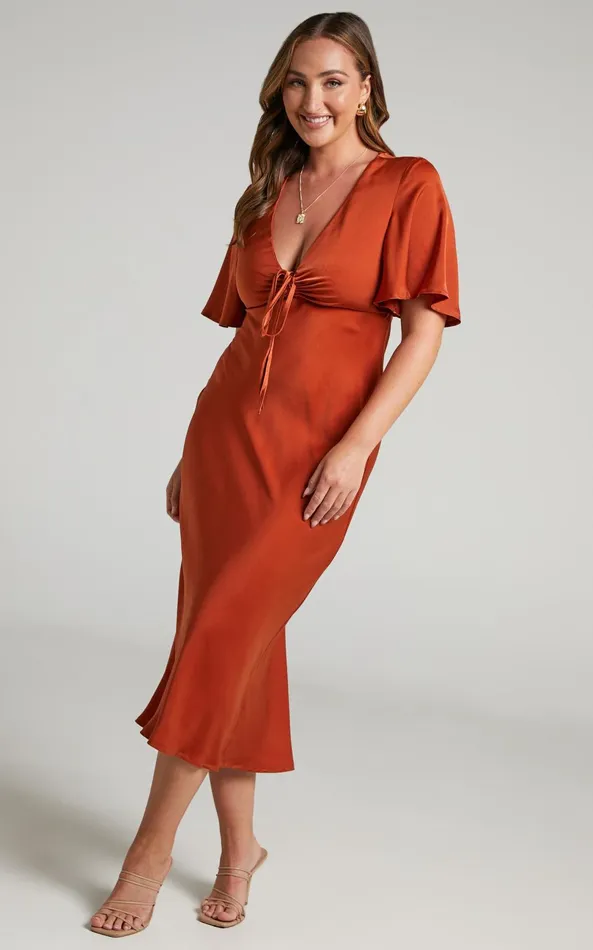 Showpo Nicholla Midi Dress 8211 Ruched Front Angel Sleeve Slip Dress In Copper Women Curve Clothes Showpo Nicholla Midi Dress 8211 Ruched Front Angel Sleeve Slip Dress In Copper Women Curve Clothes