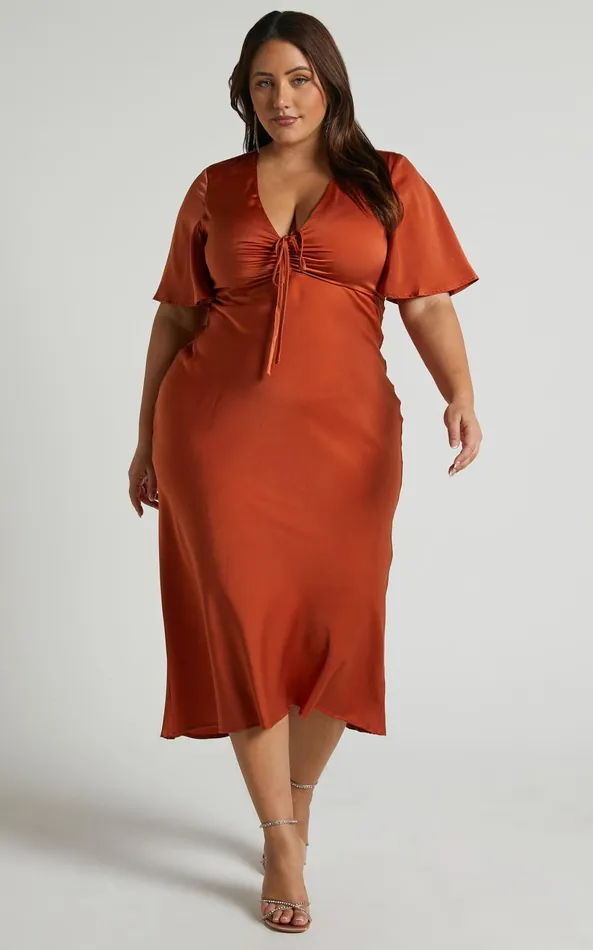 Showpo Nicholla Midi Dress 8211 Ruched Front Angel Sleeve Slip Dress In Copper Women Curve Clothes