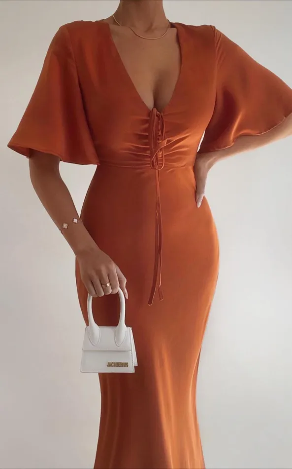 Showpo Nicholla Midi Dress 8211 Ruched Front Angel Sleeve Slip Dress In Copper Women Curve Clothes