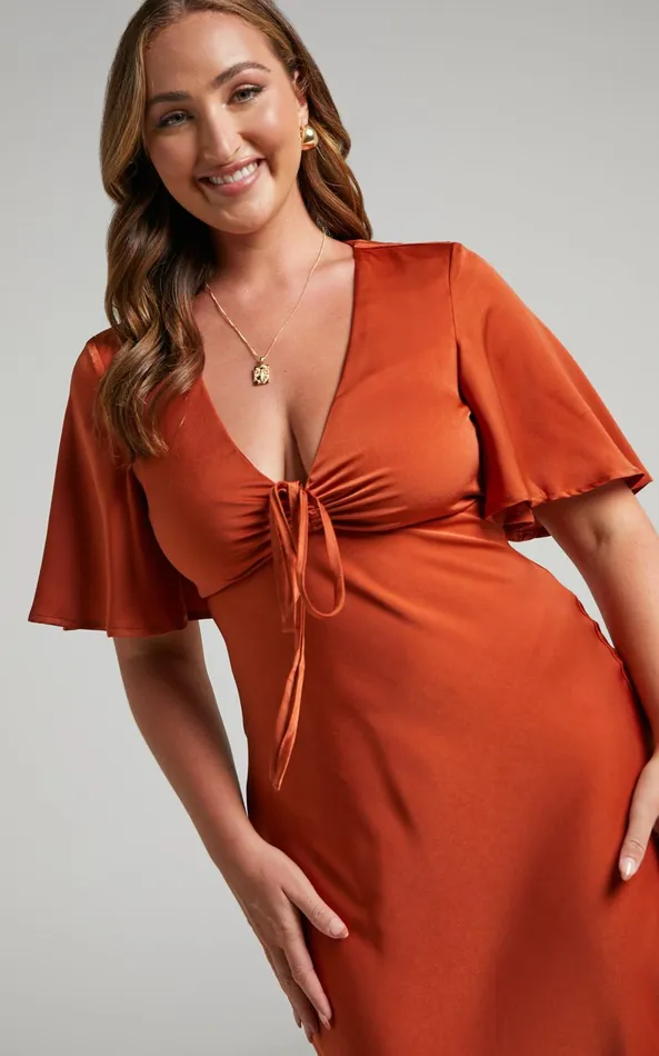Showpo Nicholla Midi Dress 8211 Ruched Front Angel Sleeve Slip Dress In Copper Women Curve Clothes