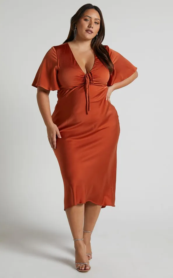 Showpo Nicholla Midi Dress 8211 Ruched Front Angel Sleeve Slip Dress In Copper Women Curve Clothes