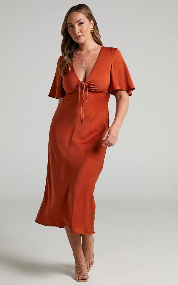 Showpo Nicholla Midi Dress 8211 Ruched Front Angel Sleeve Slip Dress In Copper Women Curve Clothes