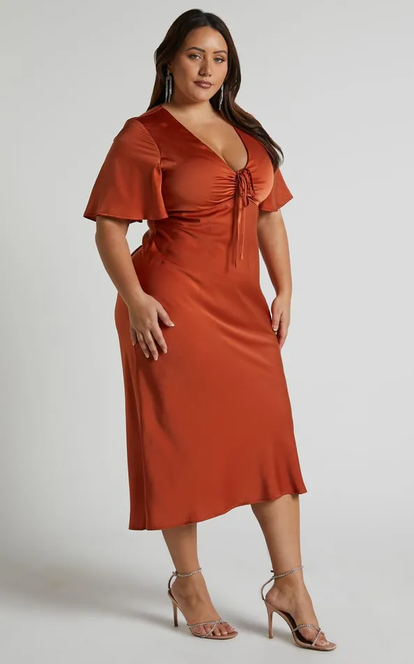 Showpo Nicholla Midi Dress 8211 Ruched Front Angel Sleeve Slip Dress In Copper Women Curve Clothes