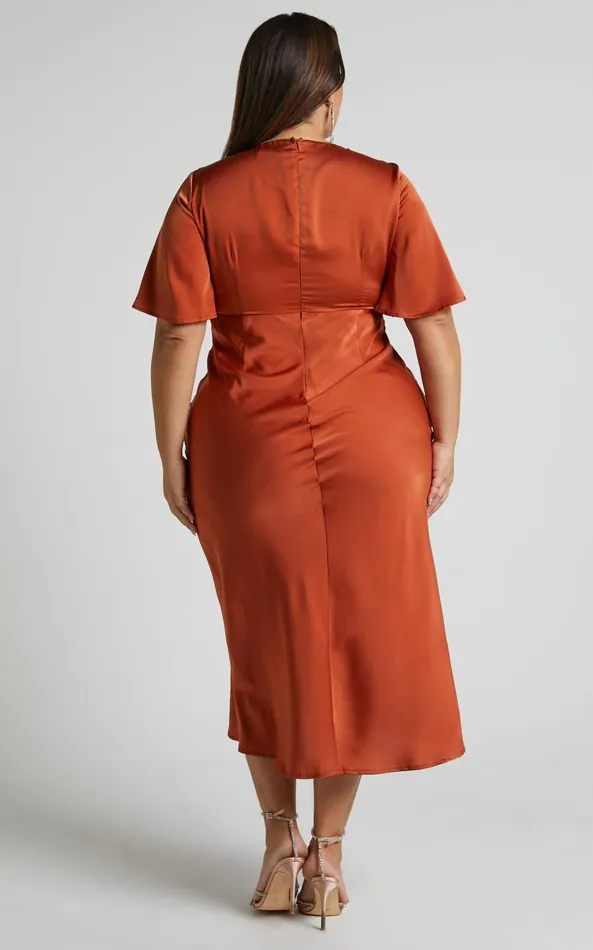 Showpo Nicholla Midi Dress 8211 Ruched Front Angel Sleeve Slip Dress In Copper Women Curve Clothes