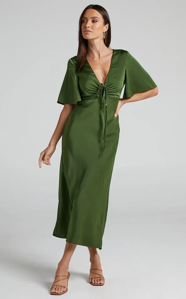 Showpo Nicholla Midi Dress 8211 Ruched Front Angel Sleeve Slip Dress In Olive Women Curve Clothes Showpo Nicholla Midi Dress 8211 Ruched Front Angel Sleeve Slip Dress In Olive Women Curve Clothes