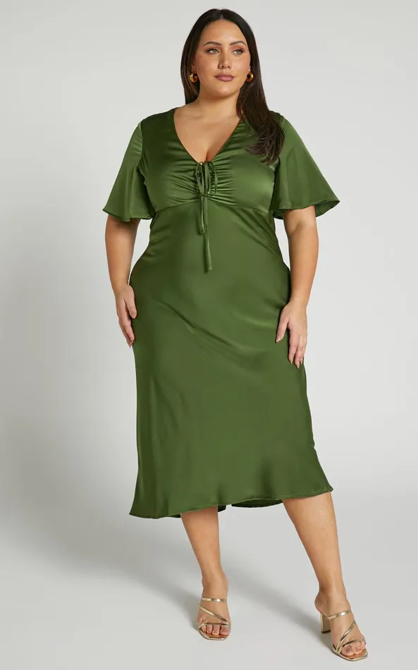 Showpo Nicholla Midi Dress 8211 Ruched Front Angel Sleeve Slip Dress In Olive Women Curve Clothes