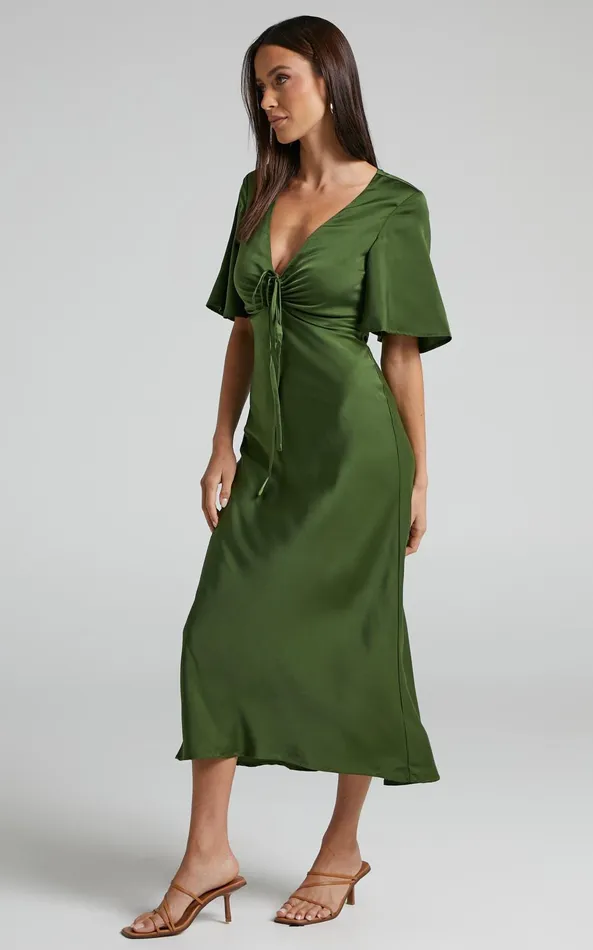Showpo Nicholla Midi Dress 8211 Ruched Front Angel Sleeve Slip Dress In Olive Women Curve Clothes