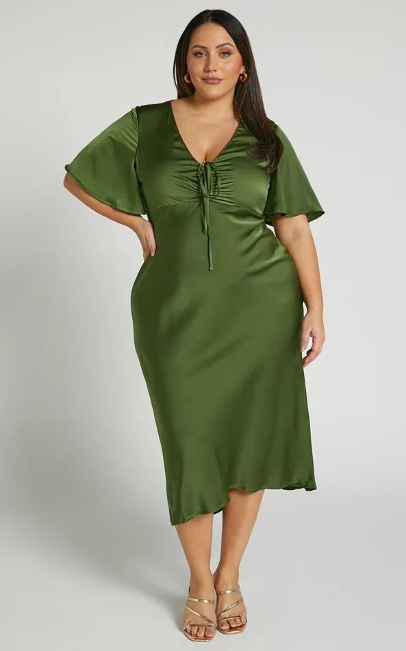 Showpo Nicholla Midi Dress 8211 Ruched Front Angel Sleeve Slip Dress In Olive Women Curve Clothes