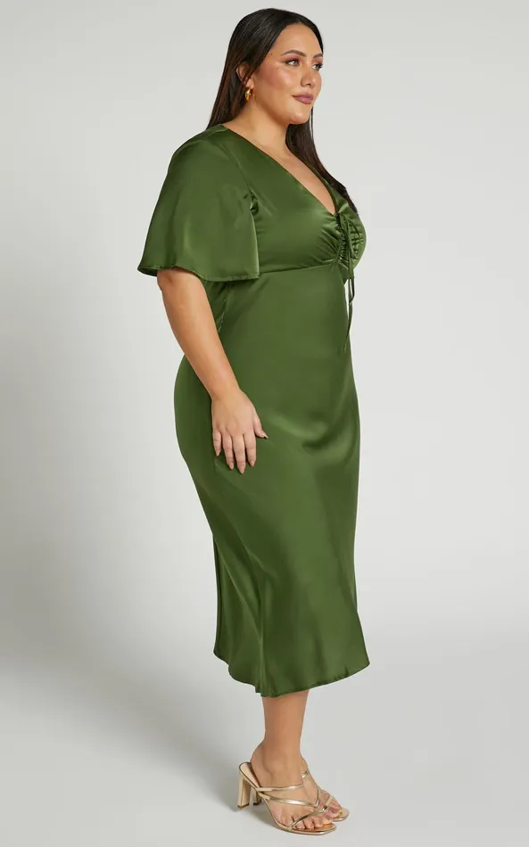 Showpo Nicholla Midi Dress 8211 Ruched Front Angel Sleeve Slip Dress In Olive Women Curve Clothes