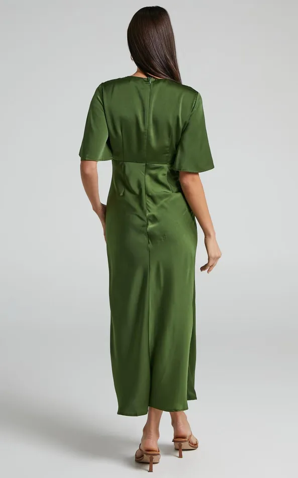 Showpo Nicholla Midi Dress 8211 Ruched Front Angel Sleeve Slip Dress In Olive Women Curve Clothes