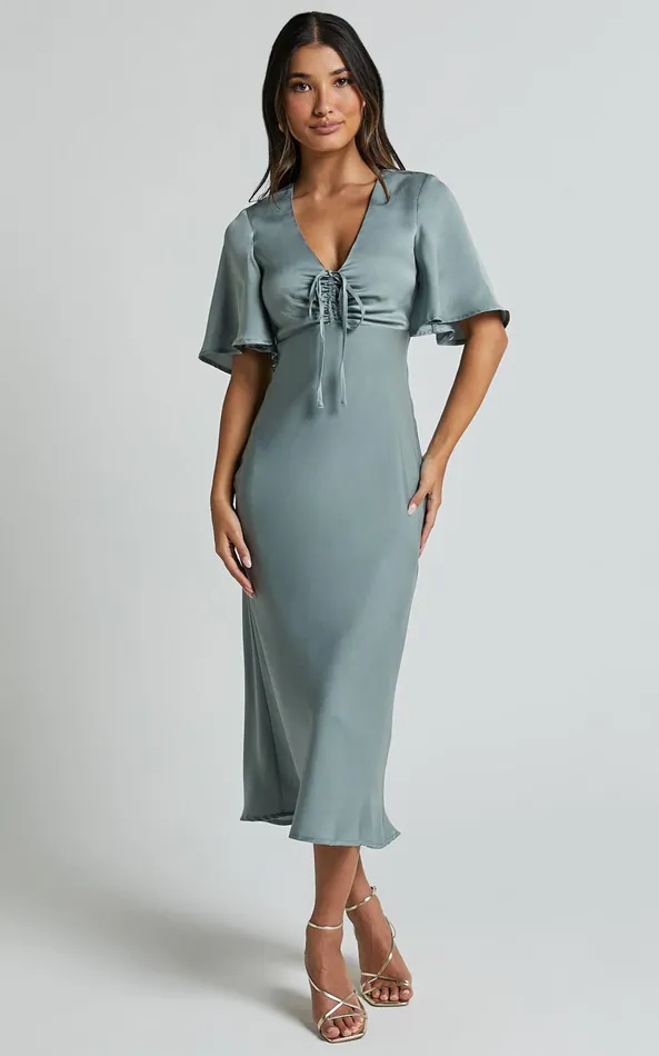 Showpo Nicholla Midi Dress 8211 Ruched Front Angel Sleeve Slip Dress In Sage Women Dresses Showpo Nicholla Midi Dress 8211 Ruched Front Angel Sleeve Slip Dress In Sage Women Dresses