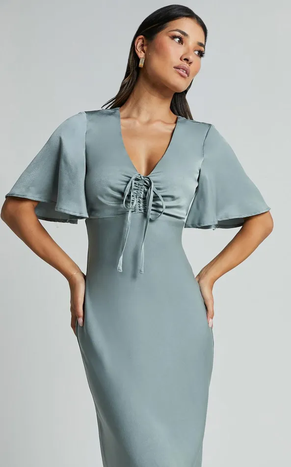 Showpo Nicholla Midi Dress 8211 Ruched Front Angel Sleeve Slip Dress In Sage Women Dresses