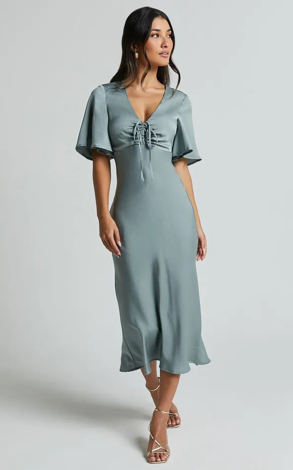 Showpo Nicholla Midi Dress 8211 Ruched Front Angel Sleeve Slip Dress In Sage Women Dresses