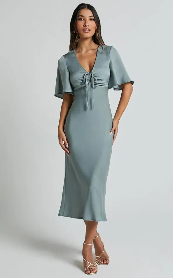 Showpo Nicholla Midi Dress 8211 Ruched Front Angel Sleeve Slip Dress In Sage Women Dresses