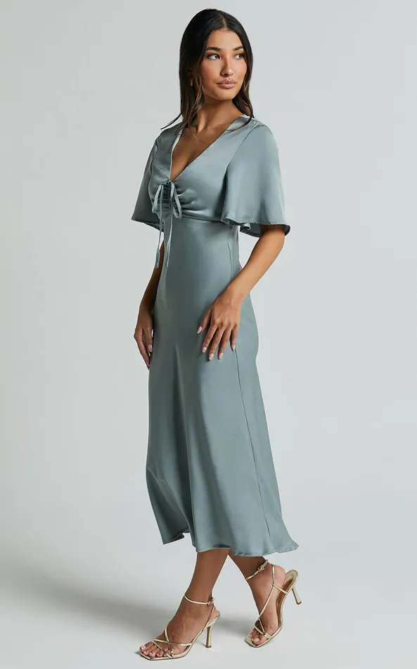 Showpo Nicholla Midi Dress 8211 Ruched Front Angel Sleeve Slip Dress In Sage Women Dresses