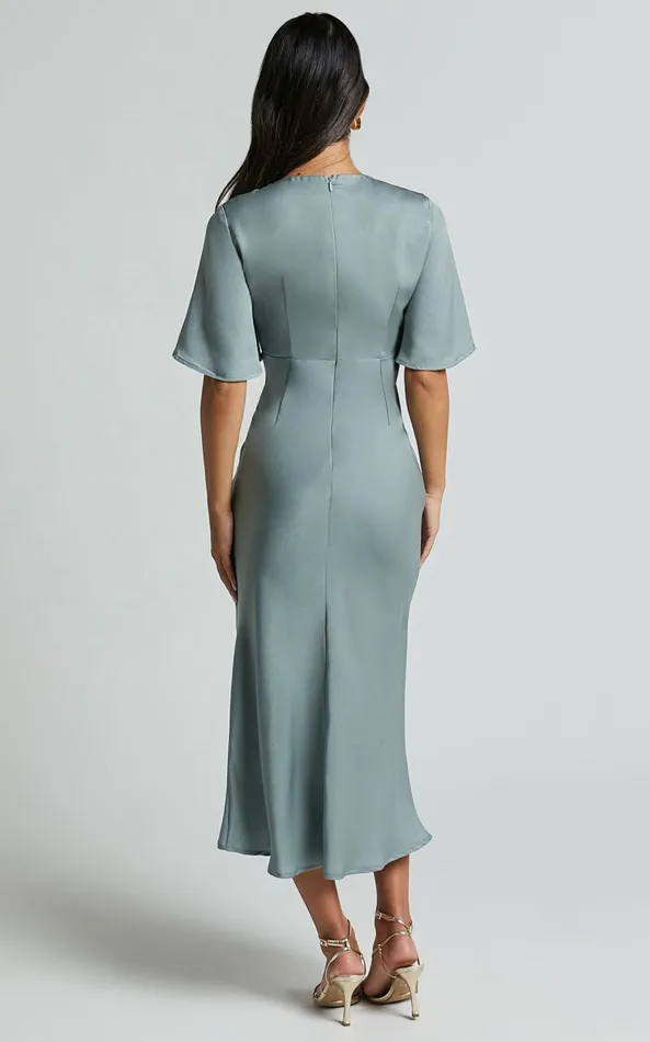 Showpo Nicholla Midi Dress 8211 Ruched Front Angel Sleeve Slip Dress In Sage Women Dresses