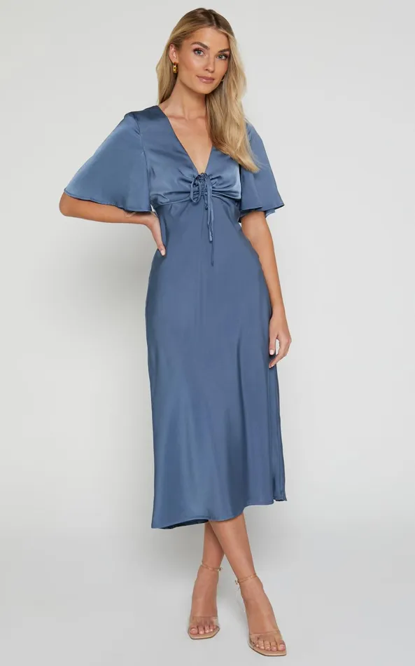 Showpo Nicholla Midi Dress 8211 Ruched Front Angel Sleeve Slip Dress In Steel Blue Women Dresses Showpo Nicholla Midi Dress 8211 Ruched Front Angel Sleeve Slip Dress In Steel Blue Women Dresses