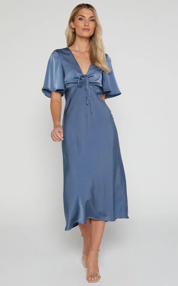 Showpo Nicholla Midi Dress 8211 Ruched Front Angel Sleeve Slip Dress In Steel Blue Women Dresses