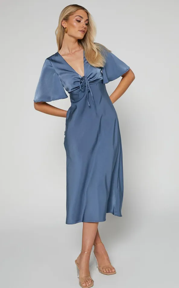 Showpo Nicholla Midi Dress 8211 Ruched Front Angel Sleeve Slip Dress In Steel Blue Women Dresses