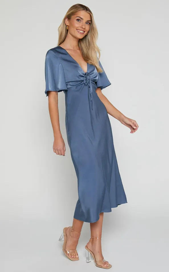 Showpo Nicholla Midi Dress 8211 Ruched Front Angel Sleeve Slip Dress In Steel Blue Women Dresses