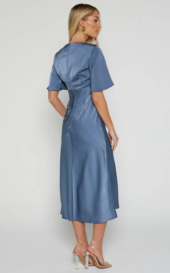Showpo Nicholla Midi Dress 8211 Ruched Front Angel Sleeve Slip Dress In Steel Blue Women Dresses