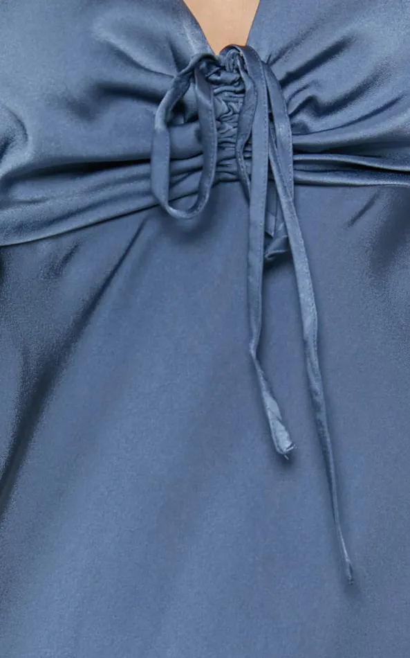 Showpo Nicholla Midi Dress 8211 Ruched Front Angel Sleeve Slip Dress In Steel Blue Women Dresses