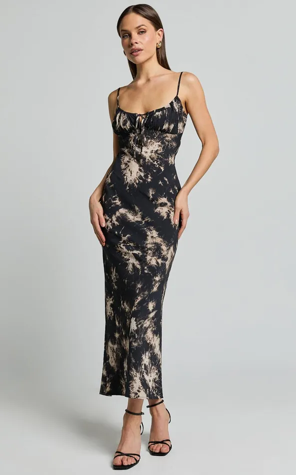Showpo Nicki Midi Dress 8211 Strappy Ruched Bust Slip Dress In Black Tie Dye Women Dresses Showpo Nicki Midi Dress 8211 Strappy Ruched Bust Slip Dress In Black Tie Dye Women Dresses