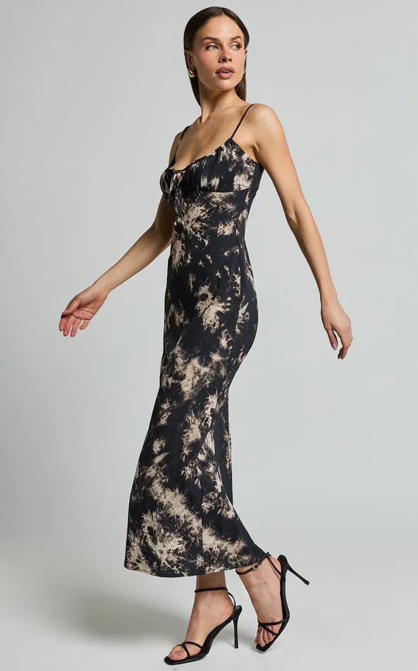 Showpo Nicki Midi Dress 8211 Strappy Ruched Bust Slip Dress In Black Tie Dye Women Dresses