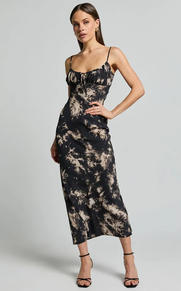 Showpo Nicki Midi Dress 8211 Strappy Ruched Bust Slip Dress In Black Tie Dye Women Dresses