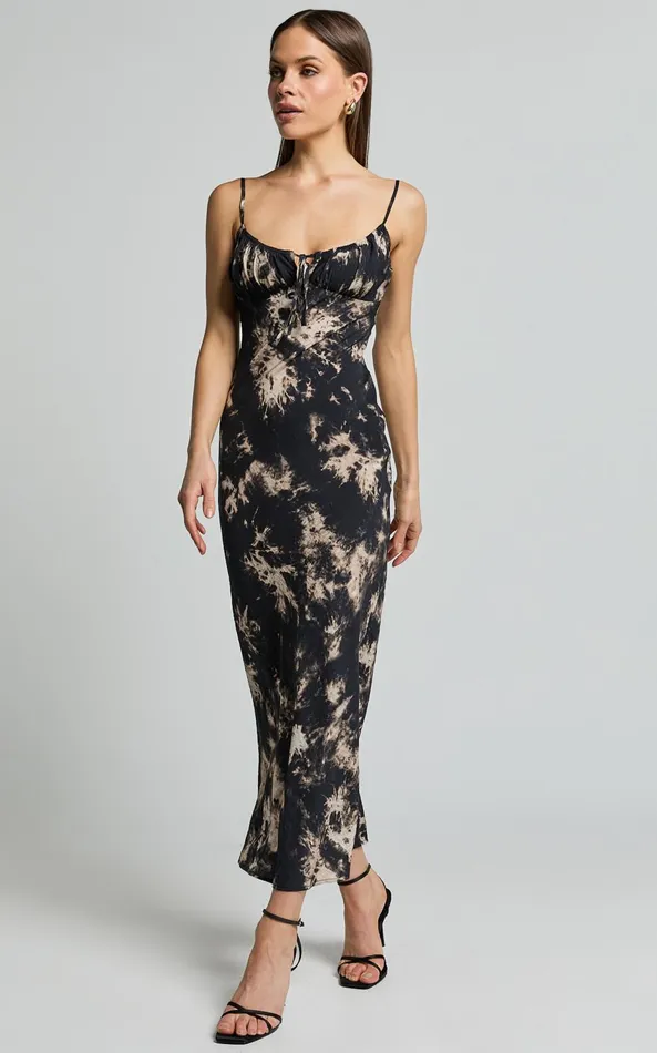 Showpo Nicki Midi Dress 8211 Strappy Ruched Bust Slip Dress In Black Tie Dye Women Dresses