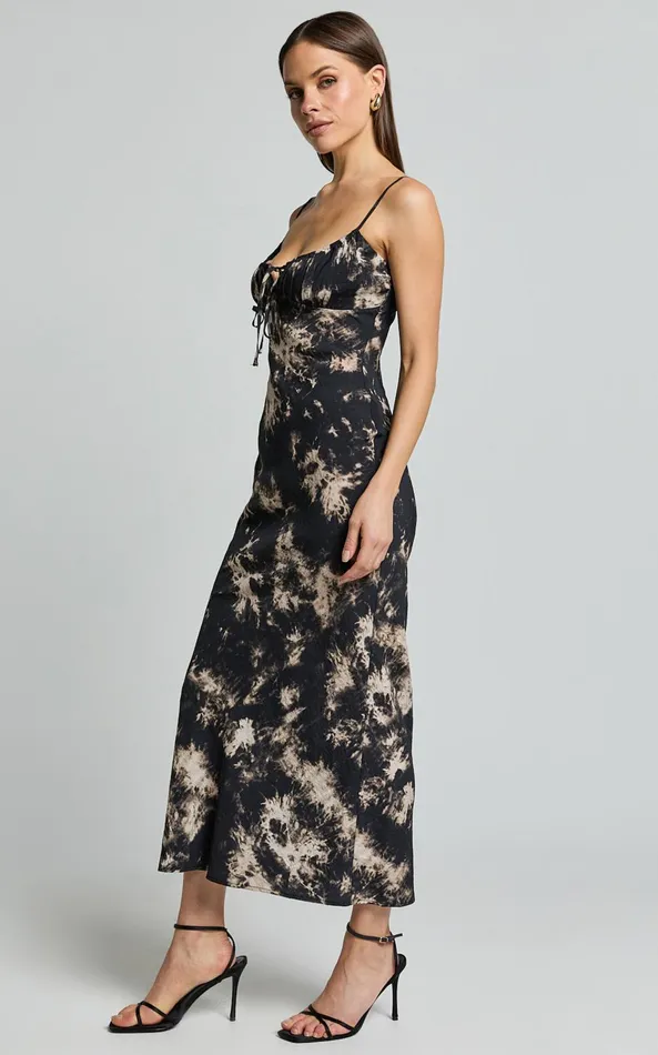 Showpo Nicki Midi Dress 8211 Strappy Ruched Bust Slip Dress In Black Tie Dye Women Dresses