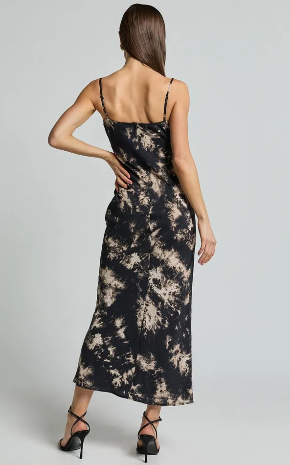 Showpo Nicki Midi Dress 8211 Strappy Ruched Bust Slip Dress In Black Tie Dye Women Dresses