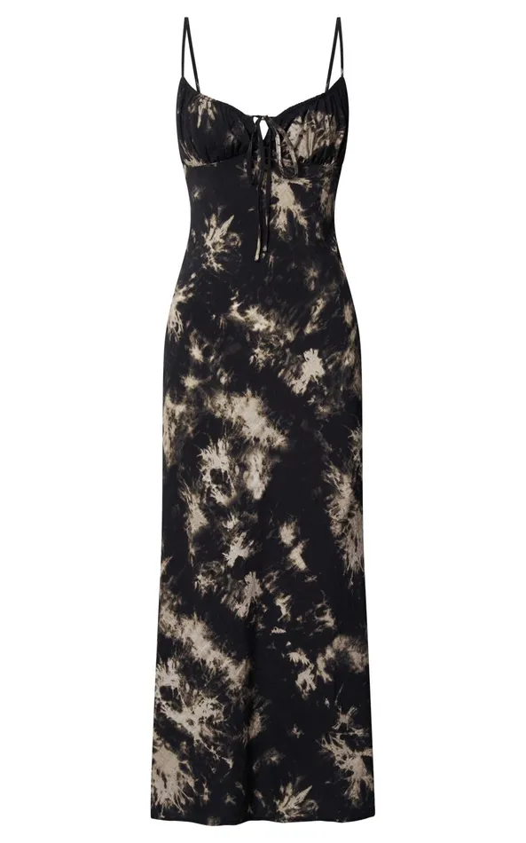 Showpo Nicki Midi Dress 8211 Strappy Ruched Bust Slip Dress In Black Tie Dye Women Dresses