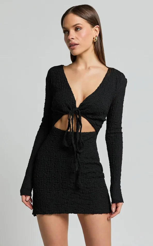 Showpo Nicky Mini Dress 8211 Textured Plunge Cut Out Dress In Black Women Dresses