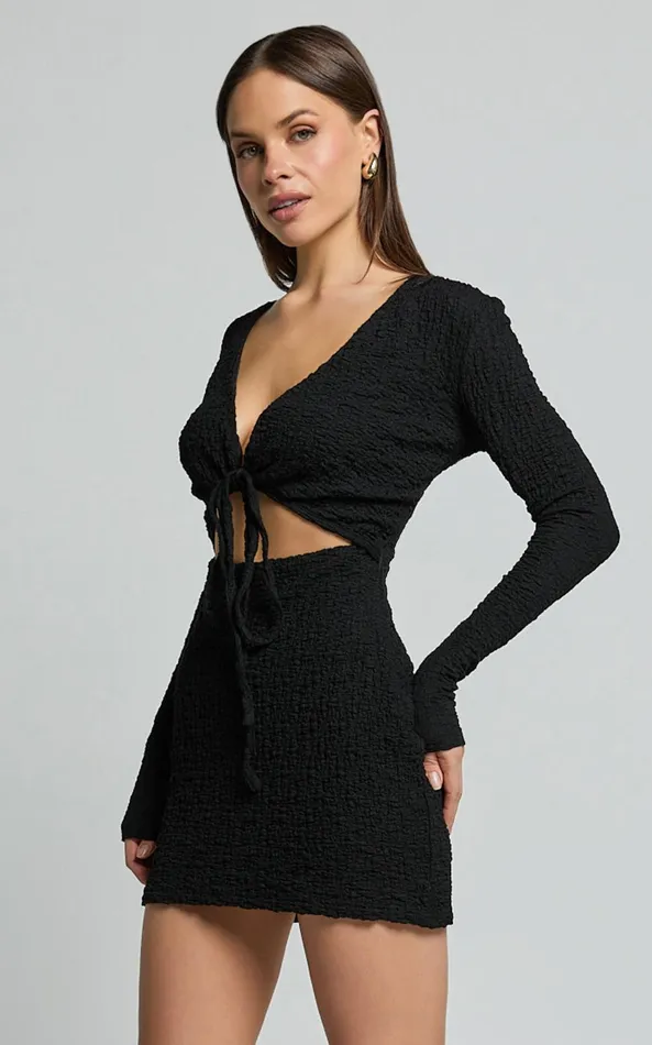 Showpo Nicky Mini Dress 8211 Textured Plunge Cut Out Dress In Black Women Dresses