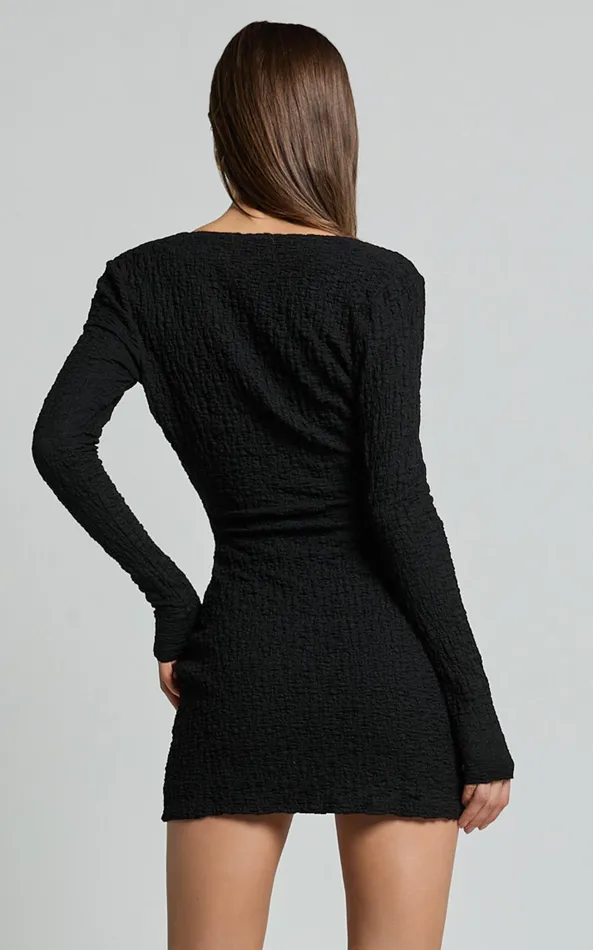 Showpo Nicky Mini Dress 8211 Textured Plunge Cut Out Dress In Black Women Dresses
