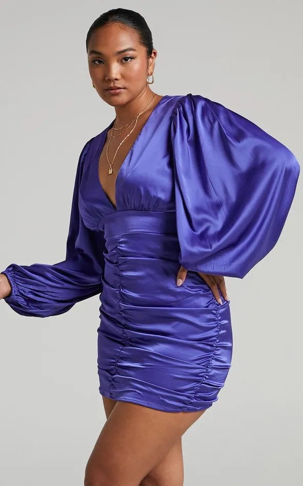 Showpo Nicole Mini Dress 8211 Plunge Neck Ruched Dress In Steel Blue Women Dresses