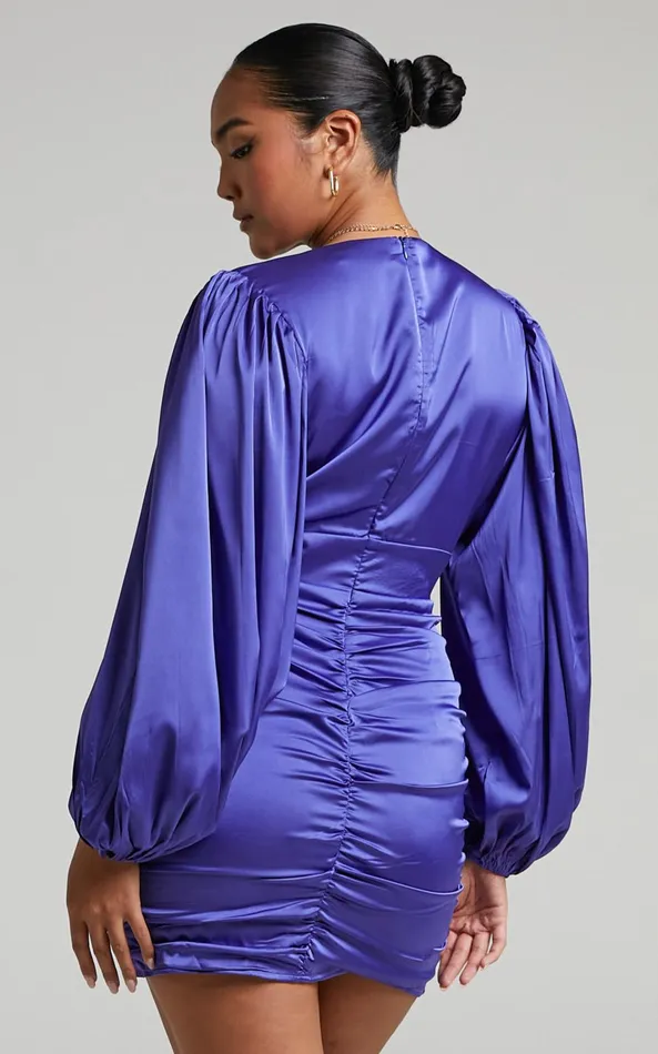 Showpo Nicole Mini Dress 8211 Plunge Neck Ruched Dress In Steel Blue Women Dresses