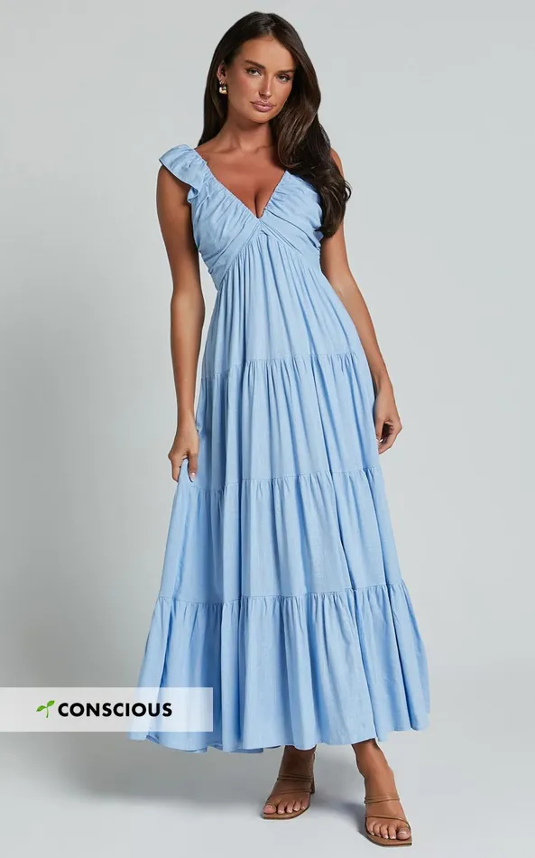 Showpo Nicollee Midi Dress 8211 Plunge Neck Sleeveless Tiered Dress In Blue Women Dresses