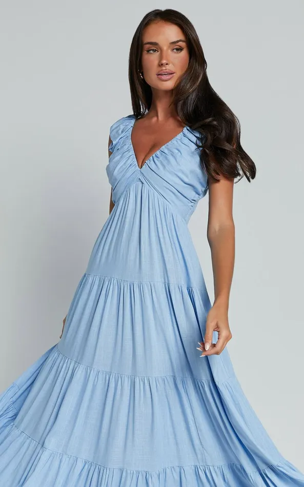 Showpo Nicollee Midi Dress 8211 Plunge Neck Sleeveless Tiered Dress In Blue Women Dresses