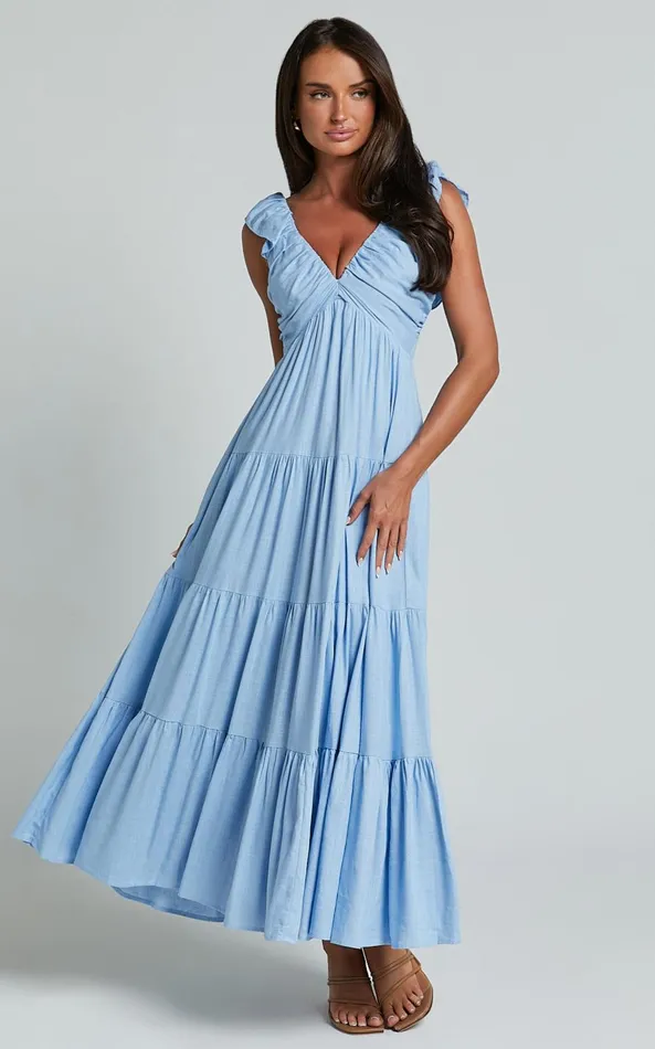 Showpo Nicollee Midi Dress 8211 Plunge Neck Sleeveless Tiered Dress In Blue Women Dresses
