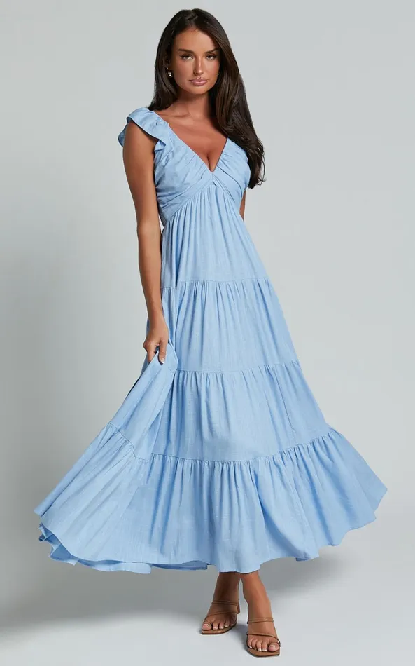 Showpo Nicollee Midi Dress 8211 Plunge Neck Sleeveless Tiered Dress In Blue Women Dresses