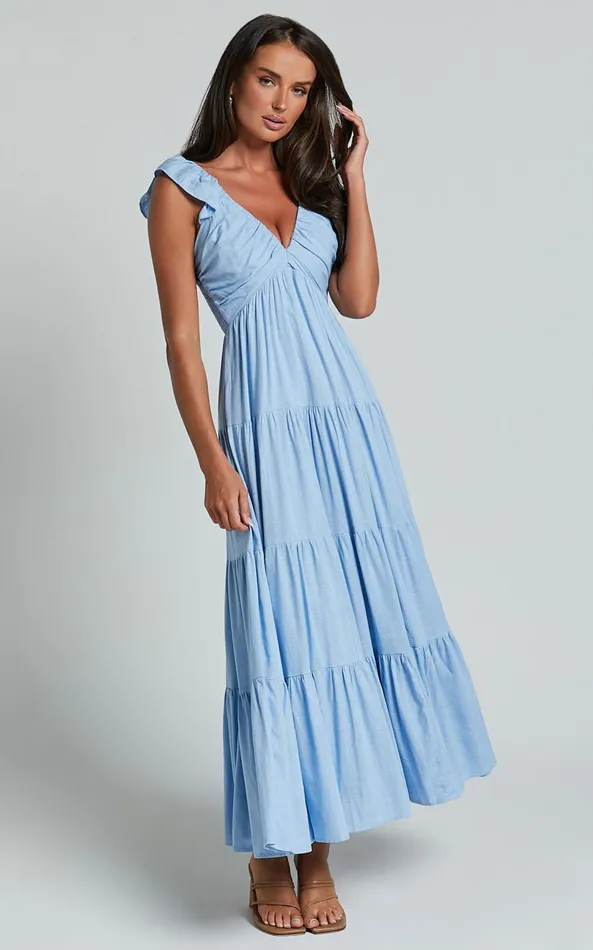 Showpo Nicollee Midi Dress 8211 Plunge Neck Sleeveless Tiered Dress In Blue Women Dresses