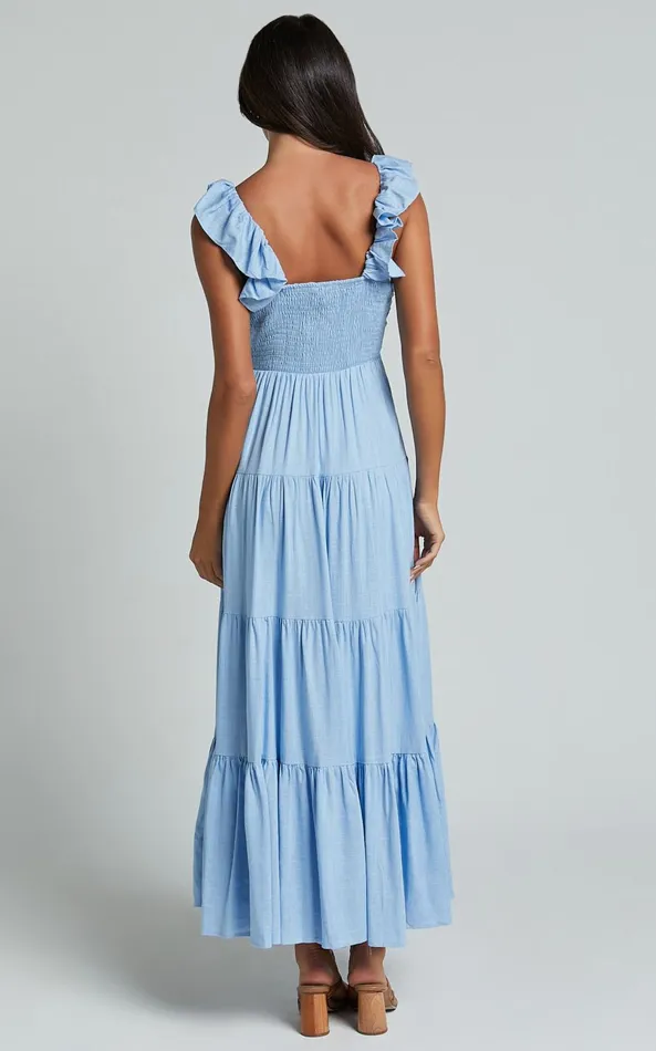 Showpo Nicollee Midi Dress 8211 Plunge Neck Sleeveless Tiered Dress In Blue Women Dresses
