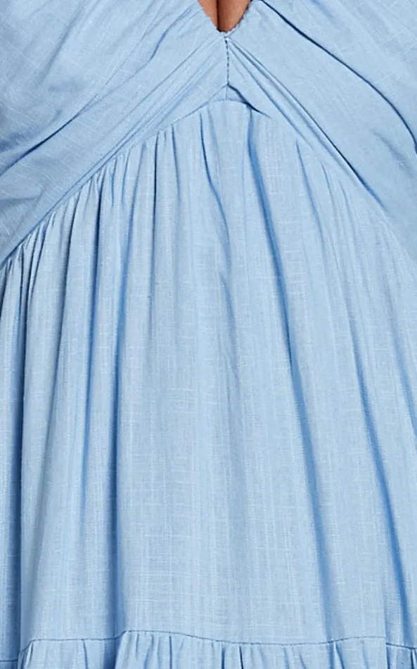 Showpo Nicollee Midi Dress 8211 Plunge Neck Sleeveless Tiered Dress In Blue Women Dresses
