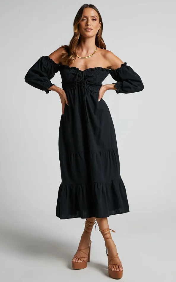 Showpo Nikka Midi Dress 8211 Shirred Off Shoulder Puff Sleeve Dress In Black Women Dresses Showpo Nikka Midi Dress 8211 Shirred Off Shoulder Puff Sleeve Dress In Black Women Dresses