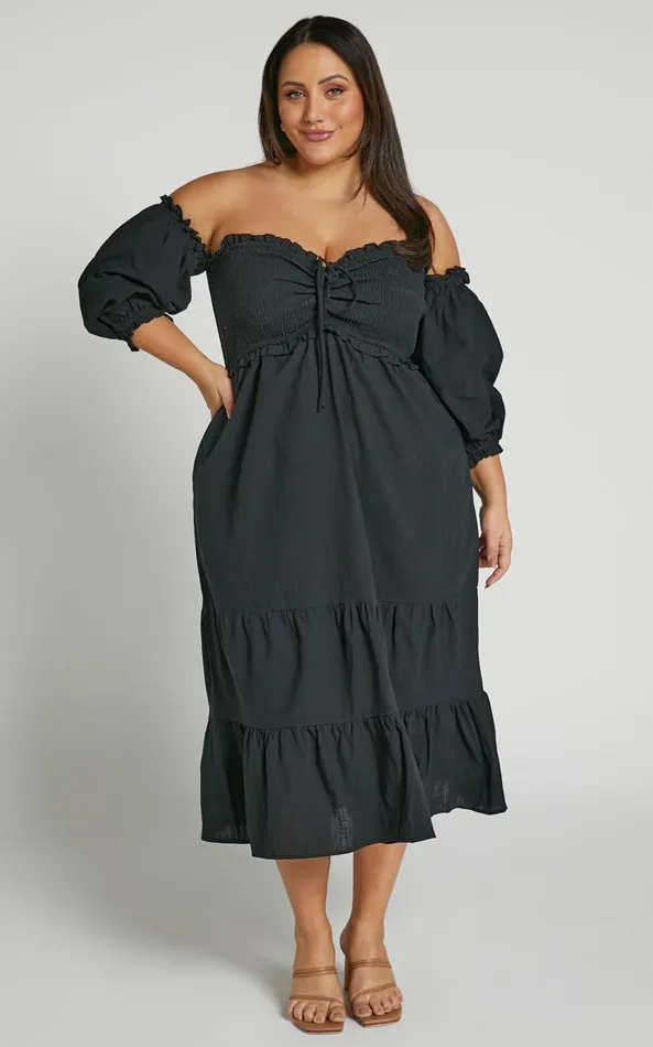 Showpo Nikka Midi Dress 8211 Shirred Off Shoulder Puff Sleeve Dress In Black Women Dresses