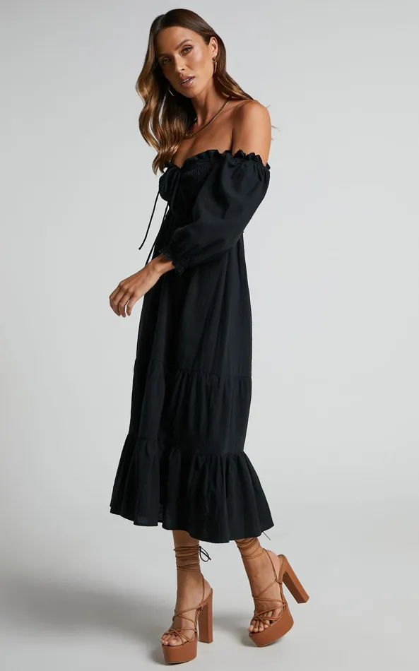 Showpo Nikka Midi Dress 8211 Shirred Off Shoulder Puff Sleeve Dress In Black Women Dresses