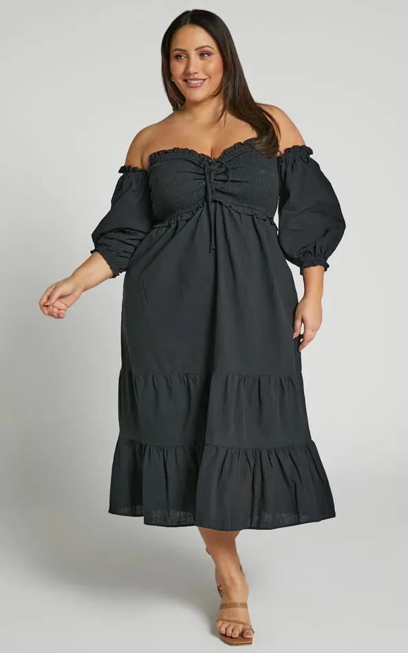 Showpo Nikka Midi Dress 8211 Shirred Off Shoulder Puff Sleeve Dress In Black Women Dresses